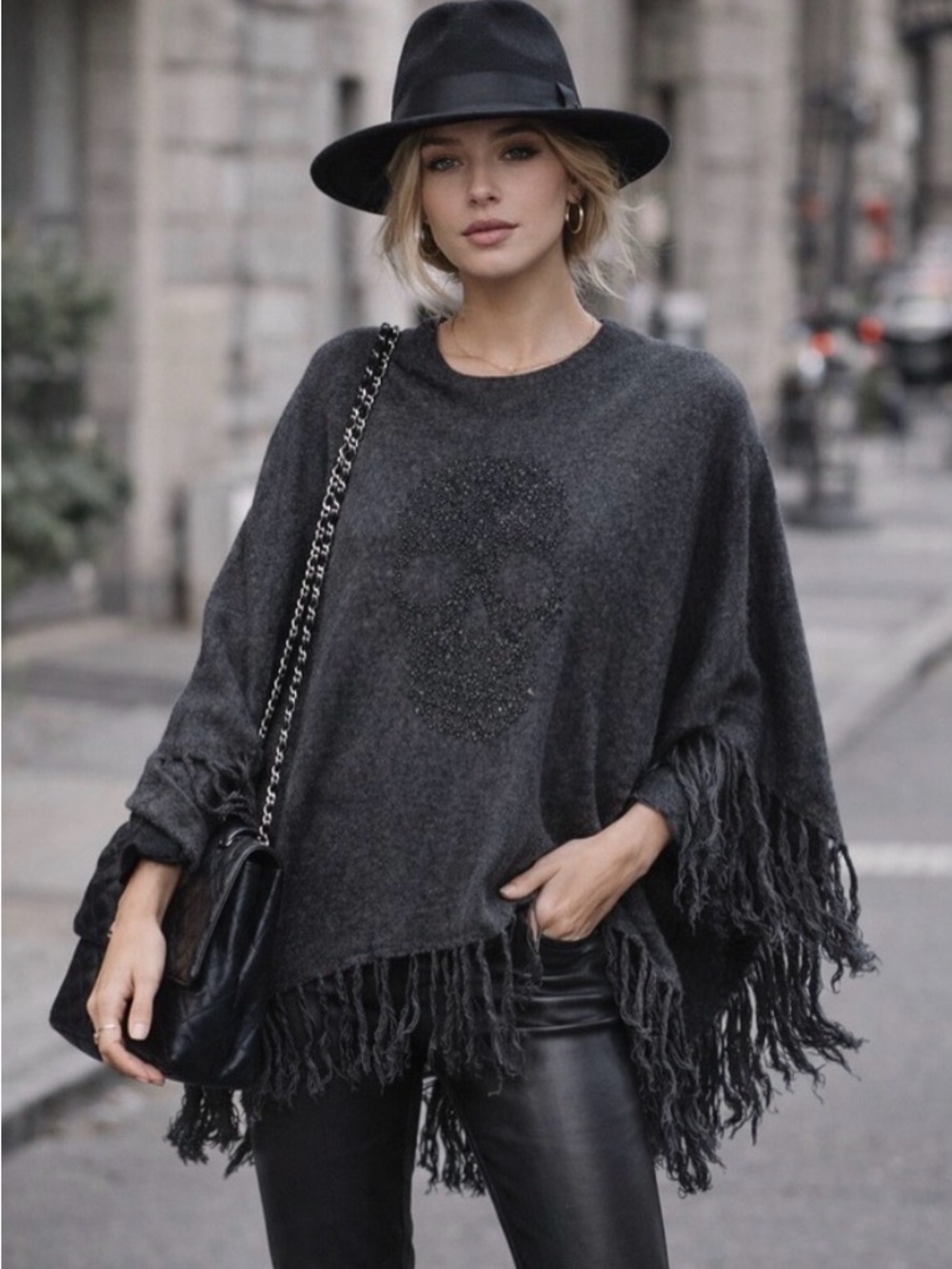 27 MILES MALIBU 100% Cashmere Gunmetal Crystal Skull Fringe Poncho Charcoal Gray